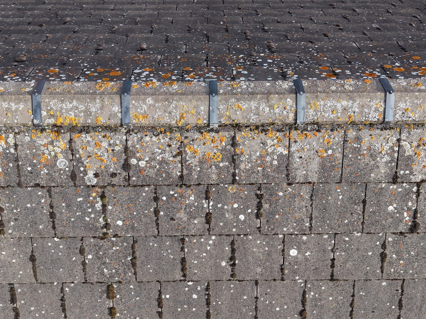 Close aerial view of ridge tiles and their fixings with adjacent concrete roof tiles