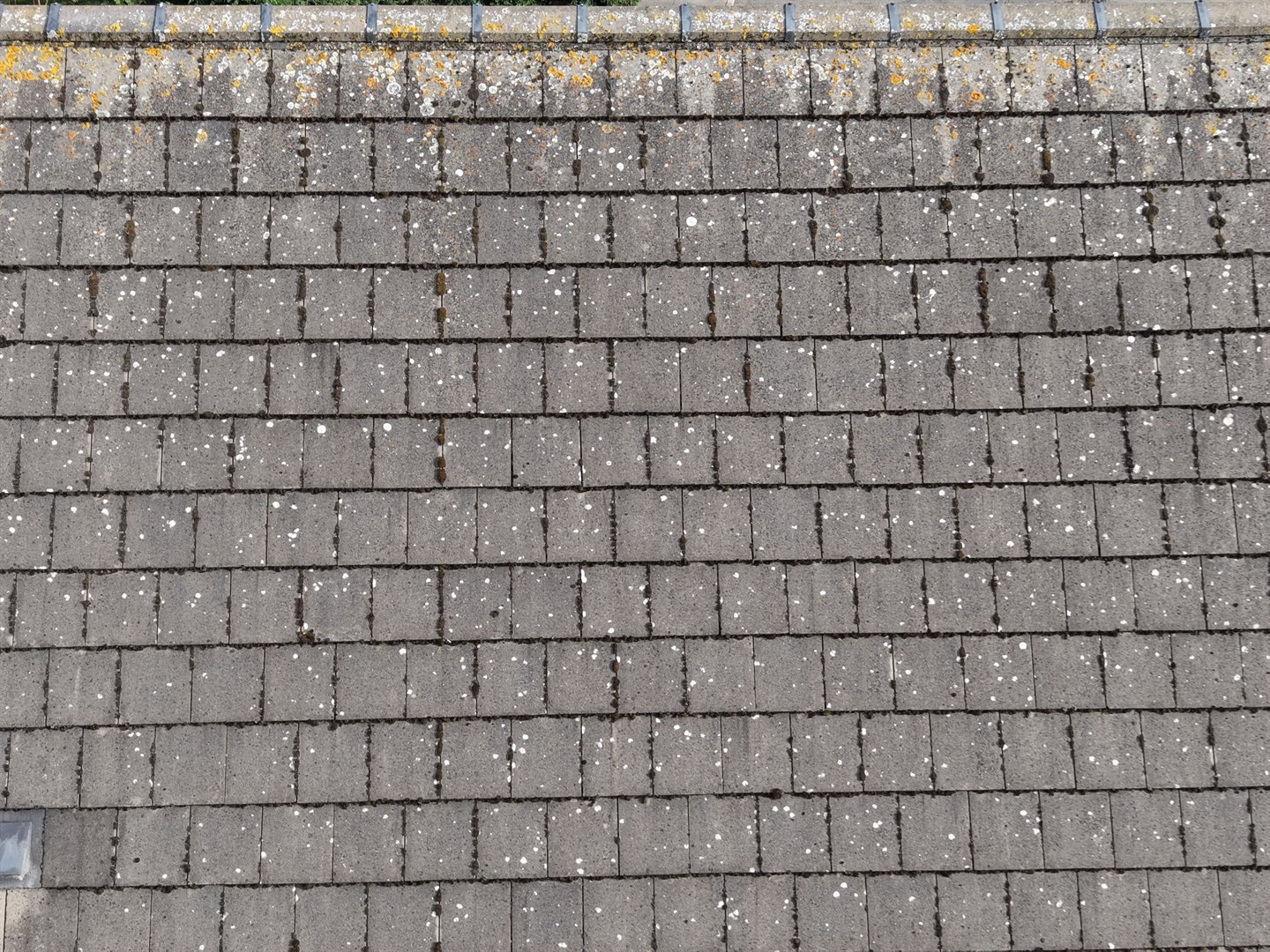 Rows of concrete roof tiles viewed from above, with ridge tiles along the top